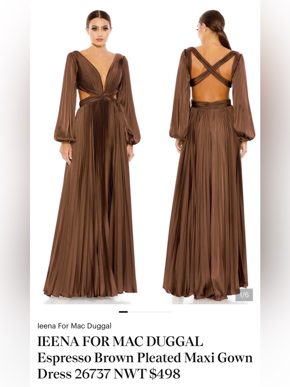 Mac Duggal Brown Pleated Long Sleeve Cutout Gown - Picture 4 of 8